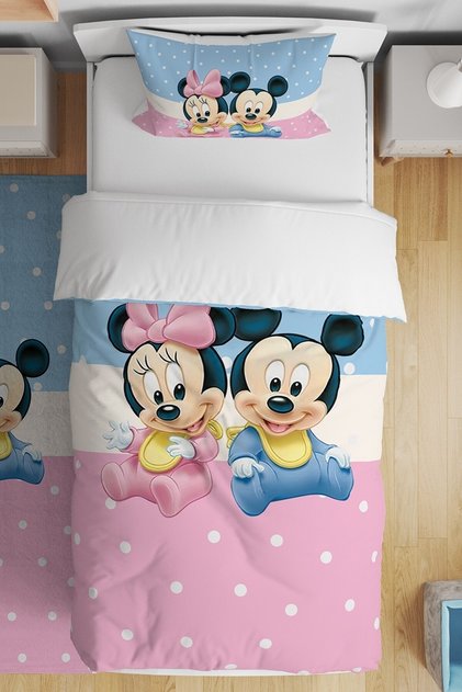Pink Blue Mickey Minnie Patterned Single Baby Kids Bedding Set