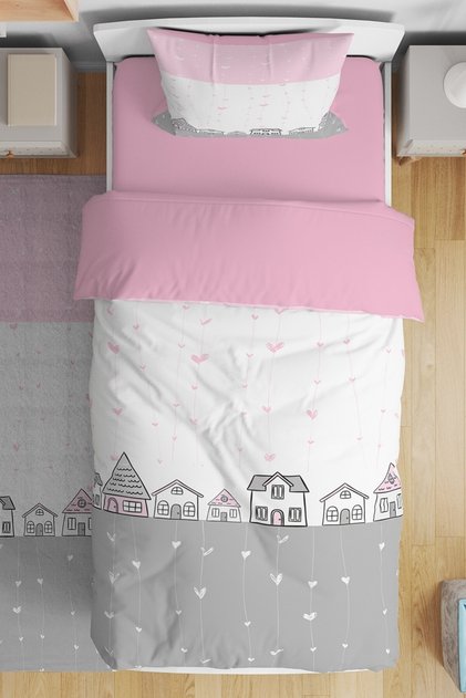 Pink Gray Houses Patterned Single Baby Kids Bedding Set