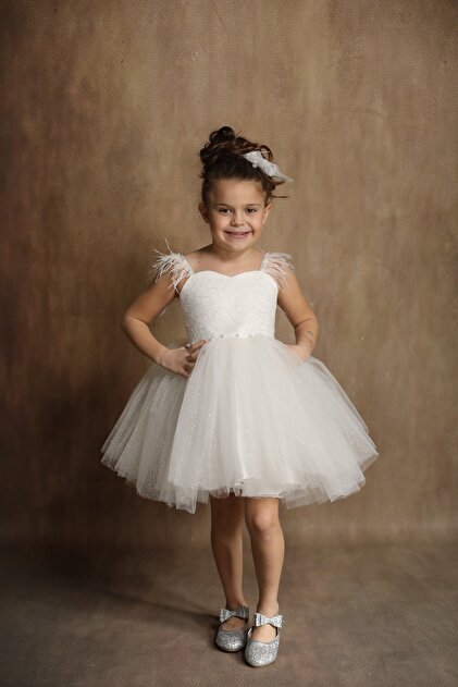 black white wedding Girl's White Fluffy Dress Birthday Dress with Lace  Detail- Trendyol