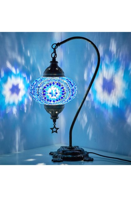 Mozaik Masaüstü Abajur Otantik Dekor Lamba Gece Masa Komodin Lambası, Mavi