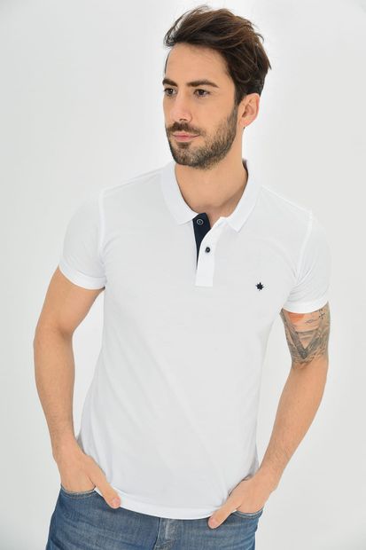 DYNAMO Erkek Beyaz Polo Yaka Likralı T-shirt - 1