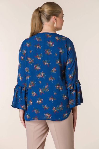 RMG Kadın Lacivert Çiçek Desenli Kol Detaylı Krep Bluz 6510 - 2
