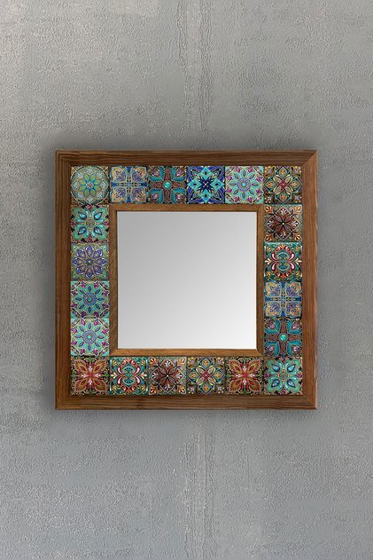 Masif Çerçeveli Mozaik Taş Ayna 33 Cm X 33 Cm (morocco-tile Desen) Dresuar Balkon