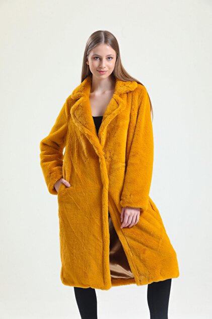 KürkZone Women's English Collar Mustard Yellow Rex Fur Plush Coat