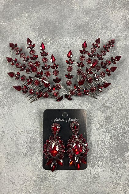 Hobigram Burgundy Double Leaf Helen Model Henna Crown Hair Accessory and Stone Evening Dress Earring Set Crown- Trendyol Hobigram Burgundy Double Leaf Helen Model Henna Crown Hair Accessory and Stone Evening Dress Earring Set Crown- Trendyol