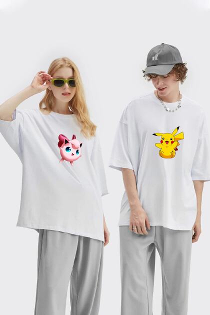 Unisex Women Men Pikachu Jigglypuff Printed Lover Couple Combination Design Oversize T-shirt Set of 2