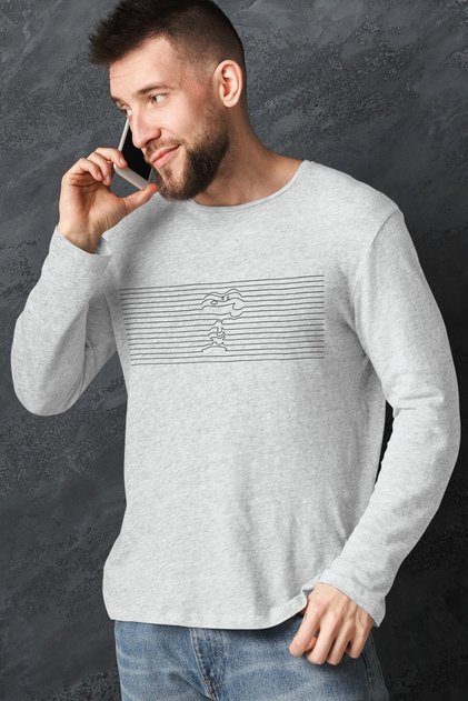 Çizgide Köpek Bisiklet Yaka Uzun Kollu Erkek Penye T-shirt