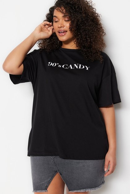 Siyah Geniş Kalıp Baskılı Bisiklet Yaka %100 Pamuk Örme T-shirt TBBSS23BF00015