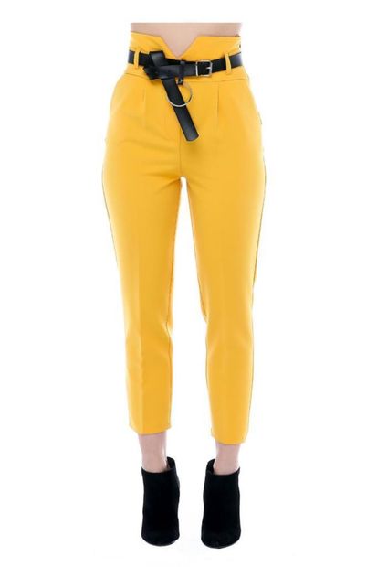 Modkofoni Yüksek Bel Deri Kemerli Sarı Bilek Kadın Pantolon - 2
