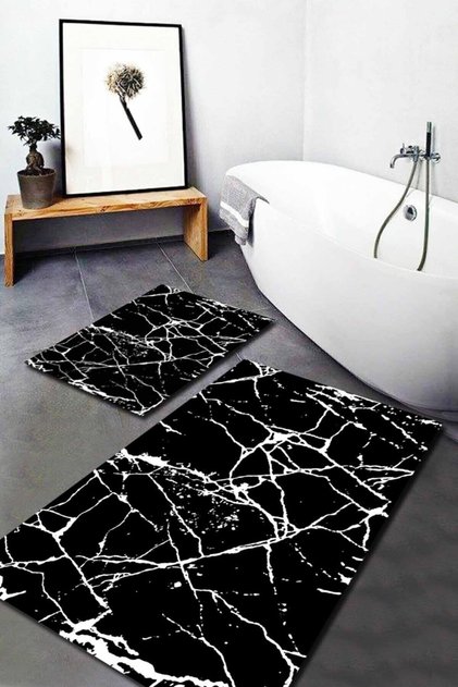 White Motif Black Marble Pattern 2-Piece Carpet Set 60X90 and 60X40
