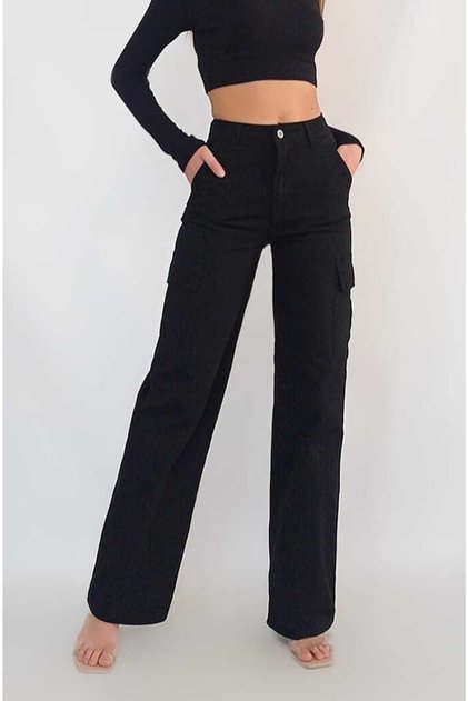 Women's Black Cargo Pocket Wide Leg Trousers Yy101072