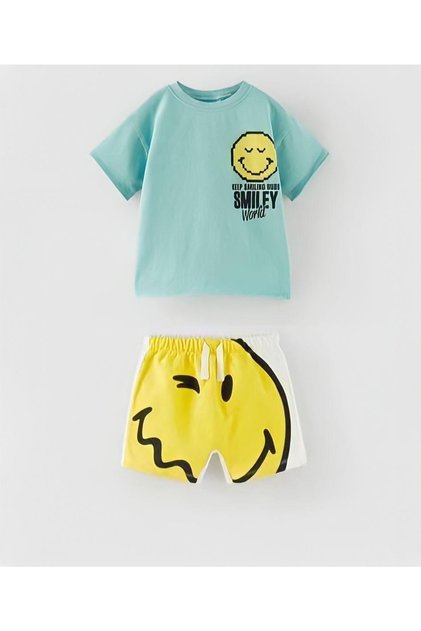 Unisex Smiley Printed Children's Double Bottom Top Set with Shorts