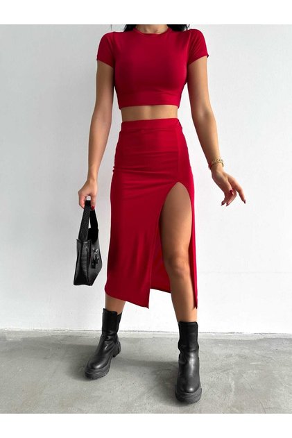 Women's Sandy Fabric Skirt Suit Red