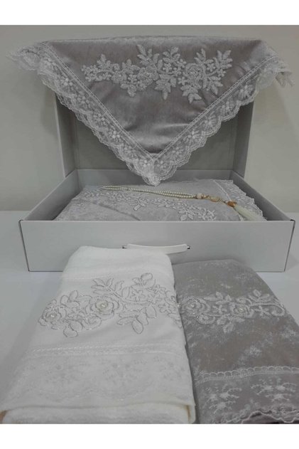 5 Piece Gray Velvet French Laced Prayer Rug Set
