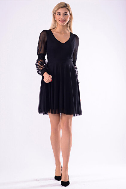 İroni Kadın Sıyah Lazer Çiçekli Tül Mini Elbise 5240-1240 - 2