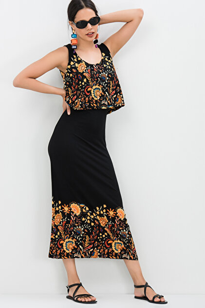 Cool & Sexy Kadın Siyah Turuncu Volanlı Elbise KSD076 - 1