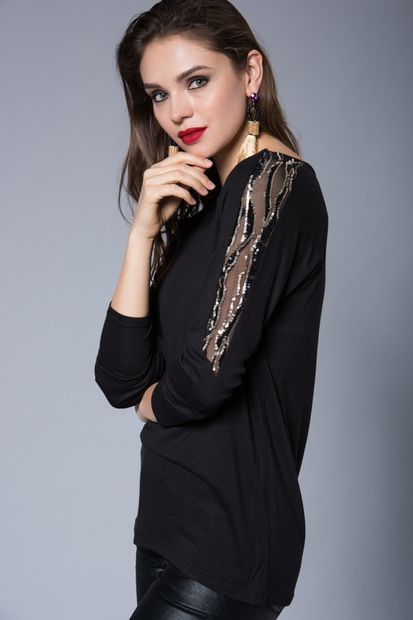 Cool & Sexy Kadın Siyah Omuzları Payetli Bluz MP11 - 1