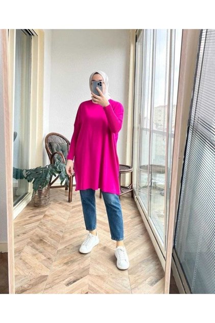 Women's Blue Half Turtleneck Knitwear Poncho Sweater Tunic