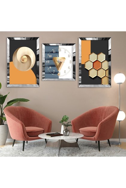 Shapes Abstract Pattern Silver Plexi Edge Triple Mdf Table Set and Clock Set