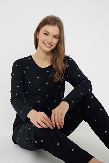 Siyah İnci Siyah Beyaz Kalp Desenli Pamuklu Pijama Takımı