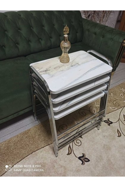 Zigon Sehpa Tepsi Zigon Model Nikelaj Kaplama Metal Ayaklı Beyaz Kahve Mermer Desen