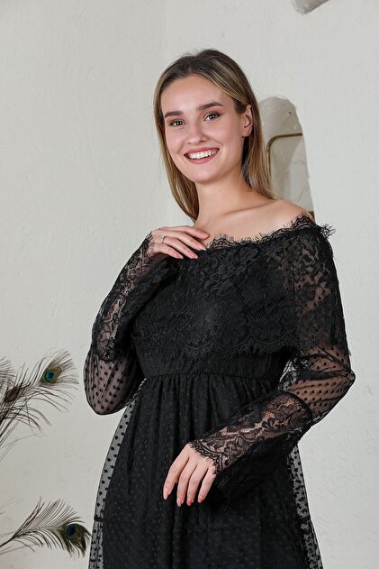 Stock Madonna Collar Lace Black Dress- Trendyol