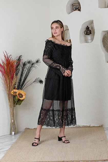 Stock Madonna Collar Lace Black Dress- Trendyol