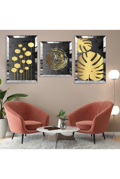 Abstract Pattern Leaf Silver Plexi Edge Triple Mdf Table Set And Clock Set