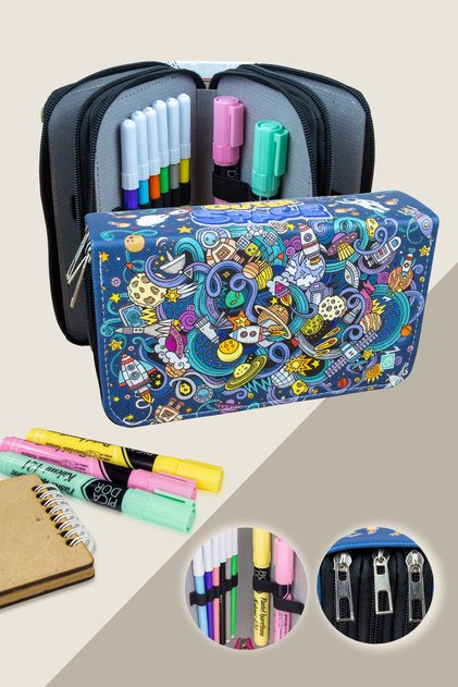 Pencil Case Space Travel Vegan Leather Three Compartments (pencil holder)