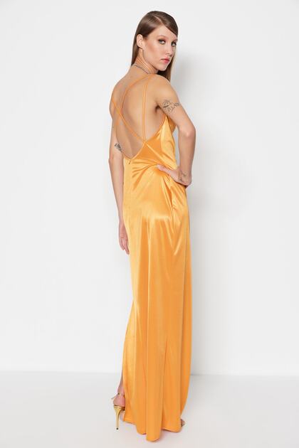 Rochie de seara lunga din satin tricotat portocaliu TPRSS23AE00088