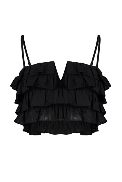 Trendyolmilla Siyah Dokuma Fırfırlı Plaj Crop Bluz TBESS21BZ0661