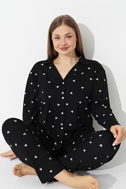 Siyah İnci Kırmızı Curve Büyük Beden Düğmeli Pamuklu Pijama Takımı
