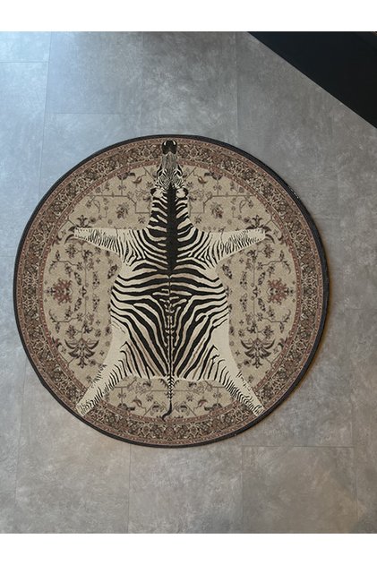 Mira 1158 Round Beige Vintage Theme Zebra Patterned Design Woven Base Carpet
