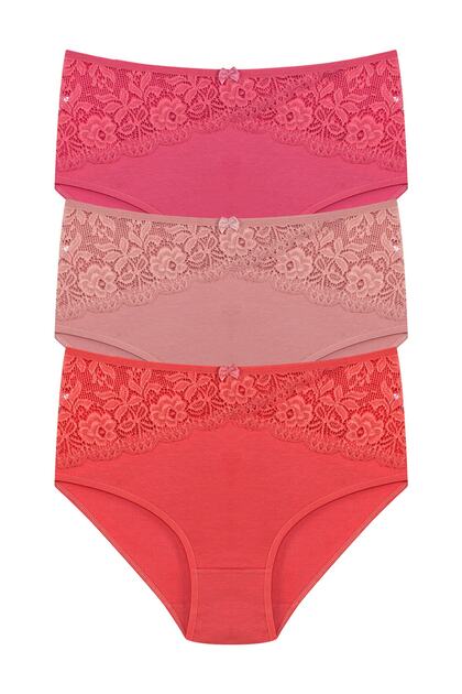 3-Piece Cotton Waist Lace Detailed High Waist Large Size Bato Women's Panties