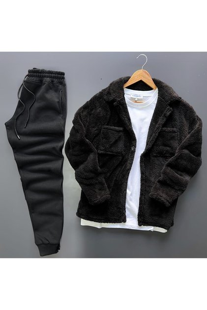 Tracksuit Set Black Plush Black Tracksuit Comfortable Cut