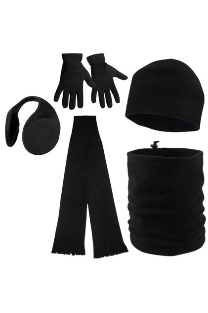 Men's Black Winter Fleece Gloves - Fleece Beanie - Fleece Neck Collar - Headphones - Scarf Set of 5