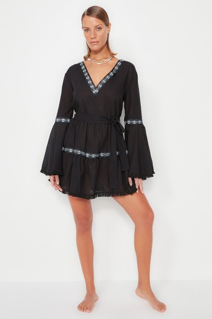 Rochie de plajă din bumbac 100% cu volane mini cu centură neagră TBESS21EL1253
