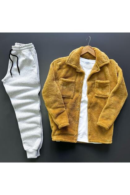 Tracksuit Set Mustard Plush Gray Tracksuit Comfortable Cut