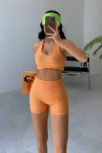 Women's Orange Cross Banded Crop Blouse and Shorts Set 1252