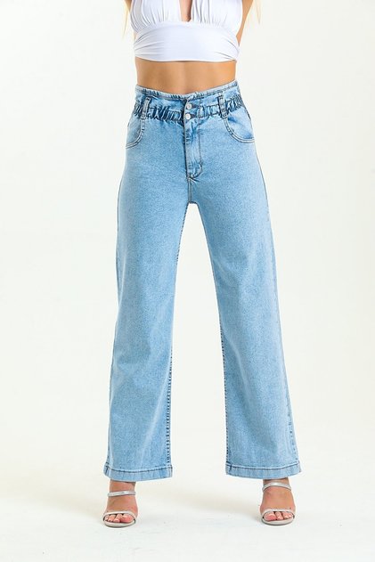 Ice Blue High Waist Lycra Belt Gathered Wide Leg Jean Trousers