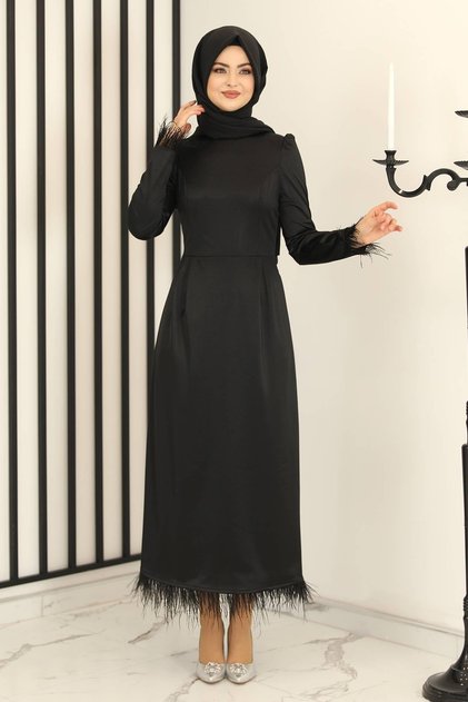 Feather Detail Satin Pencil Evening Dress Black - Design - Fsc3016