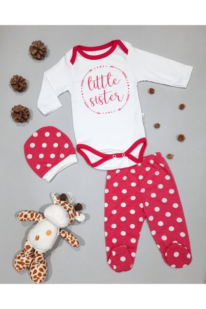 Baby Girl Pink Little Sister Printed Polka Dot Bodysuit Set of 3