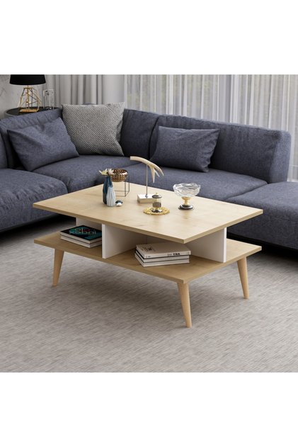Poloo Ahşap Ayaklı Modern Dekoratif Orta Sehpa 90cm Beyaz-safir Meşe