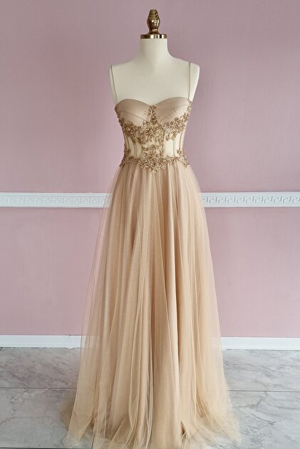 Lenta Moda Nude Transparent Crystal Embroidered Lace Detailed Glitter  Evening Dress and Wedding Dress- Trendyol