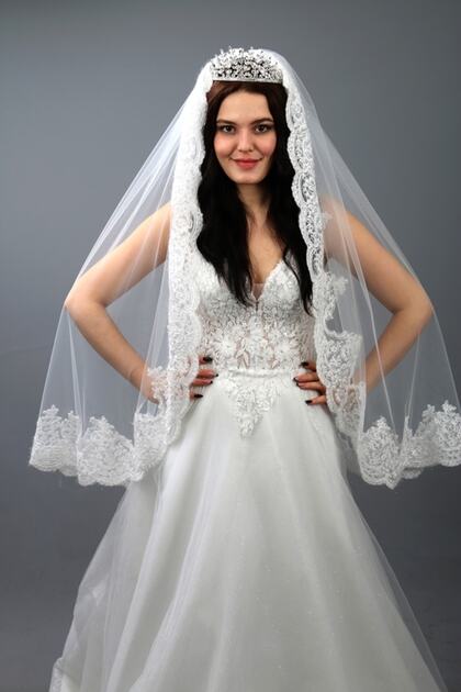 Gelinlik Duvağı Beyaz Renk Fransız Dantelli Nikah Ve Gelin Duvağı Boyu 100 Cm