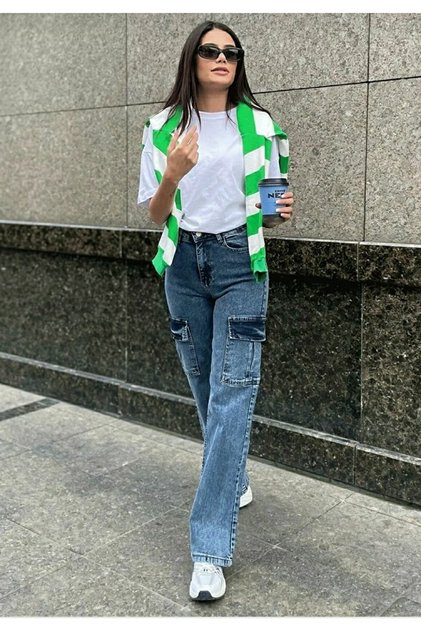Cataniza Lycra 90's Women Mid Snow Cargo Pocket Blue High Waist Loose Leg Denim Jeans Palazzo Pants