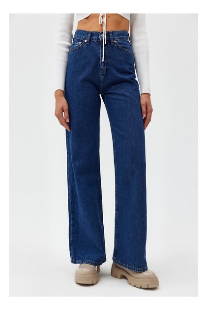 Keen Indigo Dark Blue Women's Loose Lycra 90's Super High Waist Wide Leg Jeans Palazzo Trousers