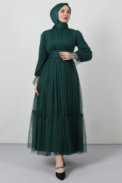 Belted Ruffled Tulle Dress Emerald