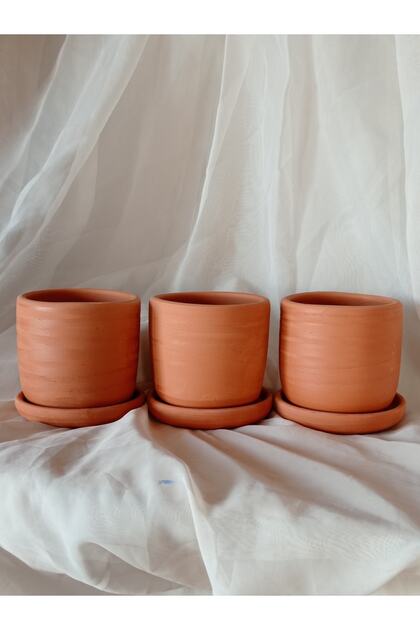 Kaktüs Saksı, Toprak Saksı,üçlü Set , Tabaklı