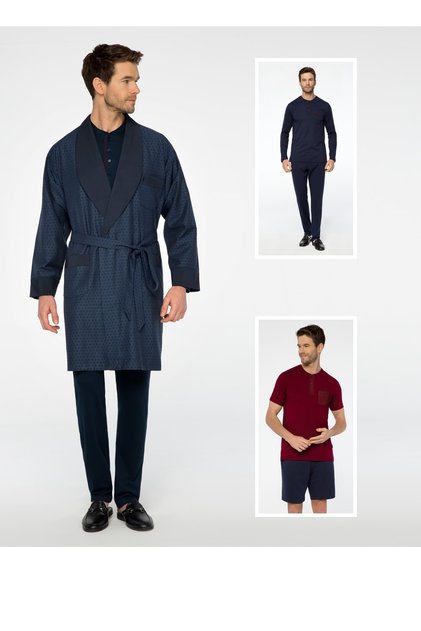 Jacquard 5-Piece Long & Short Shorts Pajamas Robe De Chambre Groom Dowry Set Dark Navy